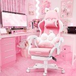 Pink Gaming Chair with Cat Paw Lumbar Cushion and Cat Ears, Ergonomic Computer Chair with Footrest, Reclining PC Game Chair for Girl, Teen
