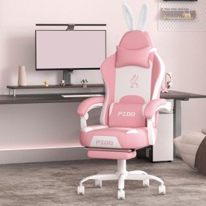 PZDO Pink Gaming Chair, High Back Kawaii Gaming Chair with Footrest & Bunny Ear and Wide Soft Cushion, Gamer Chair Computer Chair for Adults Girls Women, Reclining Chair, Gift, Pink-White