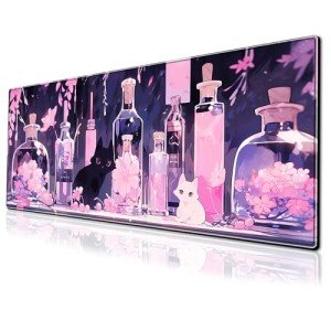 Cute Anime Cat Gaming Mouse Pad Pink Kawaii Large Desk Mat, 31.5x11.8 Inch Mousepad Extended Non-Slip Rubber Base Keyboard Mat with Stitched Edges for Desk Home Office