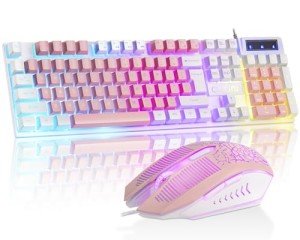 CHONCHOW Cute Pink Gaming Keyboard and Mouse Combo for Girl, 3 Color Backlit, 19 Keys Anti-ghosting with Kawaii RGB Light Up Mouse for PC Laptop Mac Computer PS4 and PS5, Women Girl - White & Pink