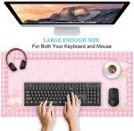 Cute Pink Plaid Desk Mats Strawberry Milk Gaming Desk Pad, Kawaii Extended Mouse Pad Kawaii Large Keyboard Mats XXL, Laptop Mat for Desk, Desktop Mat Mousepad Office Decor for Women 31.5"x15.75"