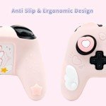 GeekShare Switch Pro Controller Skin Set,Anti-Slip Silicone Protective Cover Skin Case for Switch Pro Controller with 2 Thumb Grip Caps and 2 Stickers - Star Wings Series (Pink)