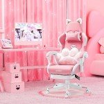 Pink Gaming Chair with Cat Paw Lumbar Cushion and Cat Ears, Ergonomic Computer Chair with Footrest, Reclining PC Game Chair for Girl, Teen