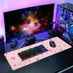 Pink Cherry Blossom Gaming Mouse Pad XL Cute Anime Aesthetics Floral Extended Kawaii Flowers Large Mousepad Non-Slip Rubber Base Stitched Edge Long Keyboard Desk Mat for Computer,31.5×11.8 Inch