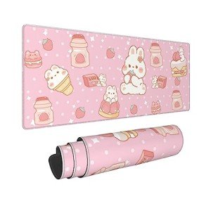 Kawaii Rabbit Strawberry Gaming Mouse Pad Extended Large Mouse Mat 31.5 X 11.8 Inch Nonslip Rubber Base Long Desk Pad Stitched Edges Mousepad Mice Pad for Office Home Game