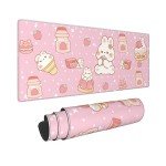 Kawaii Rabbit Strawberry Gaming Mouse Pad Extended Large Mouse Mat 31.5 X 11.8 Inch Nonslip Rubber Base Long Desk Pad Stitched Edges Mousepad Mice Pad for Office Home Game