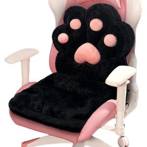 QIUODO L-Shape Cat Paw Cushion, Faux Rabbit Fur Gaming Chair Cushion Soft, Gaming Chair Pillow Kawaii Cushions for Office Desk, Comfy Plush Seat Cushion for Room Decor（Black）