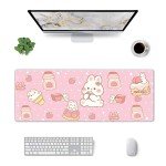 Kawaii Rabbit Strawberry Gaming Mouse Pad Extended Large Mouse Mat 31.5 X 11.8 Inch Nonslip Rubber Base Long Desk Pad Stitched Edges Mousepad Mice Pad for Office Home Game