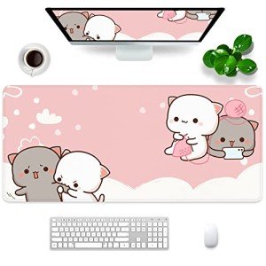 Pink Mouse Pad Cat XXL Kawaii Gaming Mouse Pad Animal Theme 35x15.7x0.12 inch Gift for Women,Pink Desk Accessories with Personalized Design for Laptop, Computer PC (Pink Cat -2)