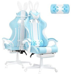 Ferghana Kawaii Light Blue Gaming Chair with Bunny Ears, Ergonomic Cute Gamer Chair with Footrest and Massage, Racing Reclining Leather Computer Game Chair 250lbs for Girls Adults Teens Kids