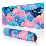 TOXXU Pink Cloud Large Gaming Mouse Pad with Anti-Slip Base for Keyboard and Mouse, Kawaii Colorful Clouds Extended XL Mousepad for Girl, Cute Desk Mat with Stitched Edges for Desk, 31.5 x 11.8 in