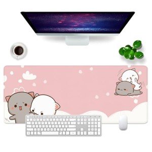 Amrgik Kawaii Large Mouse Pad Pink Gaming Mouse Pad Cat XL Cute Desk Mat 31.5x11.8x0.12 inch Large Mouse Pad for Desk (Kawaii Cat-1)