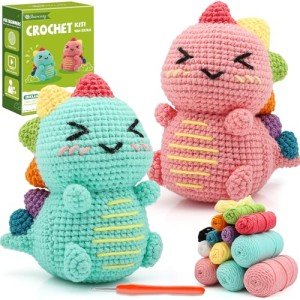 Faircosy Dinosaur Crochet Kit for Beginners: 2PCS Crochet Animal Kits for Adults - Learn to Crocheting Cute Amigurumi Starter Kit with Written Pattern & Video Tutorials (40%+ Yarn Extra)