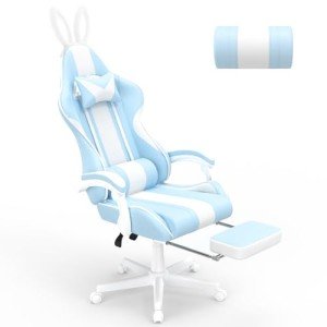 Ferghana Kawaii Light Blue Gaming Chair with Bunny Ears, Ergonomic Cute Gamer Chair with Footrest and Massage, Racing Reclining Home Computer Game Chair for Girls Adults Teens Kids