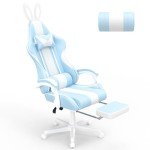 Ferghana Kawaii Light Blue Gaming Chair with Bunny Ears, Ergonomic Cute Gamer Chair with Footrest and Massage, Racing Reclining Home Computer Game Chair for Girls Adults Teens Kids