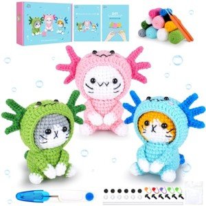Crochet Kit for Beginners - 3 PCS Axolotl Cat Crochet Kit with Step-by-Step Video Tutorials, Beginner Crochet Kit for Adults, Crochet Cat Dressed as Axolotl Set (Blue & Green & Pink)