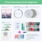 ETSPIL 3 Pack Beginner Embroidery Kits for Adults DIY Starter Kit with 33 Stitch Techniques, Stamped Patterns, Embroidery Hoop, Colorful Threads, Tools, Step by Step Instructions & Video Tutorial