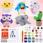 Kukaki 6-piece beginner crochet kit, DIY handmade crafts for adults and children, an excellent gift for crochet enthusiasts, crochet animal and plant kit with step-by-step videos, yarn, birthday gifts