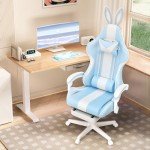 Ferghana Kawaii Light Blue Gaming Chair with Bunny Ears, Ergonomic Cute Gamer Chair with Footrest and Massage, Racing Reclining Home Computer Game Chair for Girls Adults Teens Kids