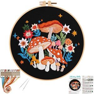 Louise Maelys Mushroom Embroidery Kits for Beginners with Art Night Pattern,Adults Starter Cross Stitch Kit DIY Needlepoint