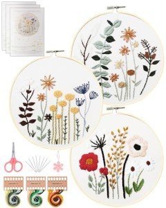 Santune 3 Sets Embroidery Kit,Cross Stitch Kits for Beginners,Needlepoint Set for Adults with Easy Stamped Floral Pattern Fabric Hand Crafts,Hoop,Needle,Women DIY Hanging Plants,Sewing Hobby