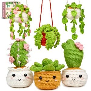 MAGIMUSE Crochet Kit for Beginners, Crochet Starter Kits for Adults Amigurumi Craft Knitting Crocheting Kits with Step-by-Step Video Tutorials, 6 Pack Hanging Potted Plants Family(40%+ Yarn