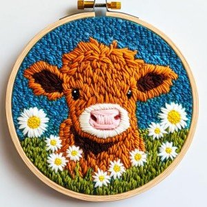 DIY Punch Needle Kits for Beginners Cute Cartoon Highland Cow with Daisy Flower with Hoop Embroidery Punch Needle Starter Craft Set Easy for Adults and Children Festival Gift and Decoration 20x20cm-1