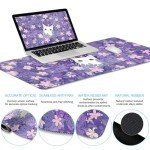 LIMKRIAN Purple Mouse Pad Large Desk Mat Set, Kawaii Cat Computer Mouse Pad with Wrist Rest Keyboard Wrist Support XXL Mousepad Cup Coaster Set, Cute Purple Office Desk Accessories Cat Decor Supplies