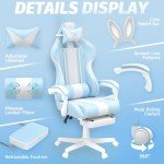 Ferghana Kawaii Light Blue Gaming Chair with Bunny Ears, Ergonomic Cute Gamer Chair with Footrest and Massage, Racing Reclining Home Computer Game Chair for Girls Adults Teens Kids