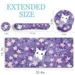 LIMKRIAN Purple Mouse Pad Large Desk Mat Set, Kawaii Cat Computer Mouse Pad with Wrist Rest Keyboard Wrist Support XXL Mousepad Cup Coaster Set, Cute Purple Office Desk Accessories Cat Decor Supplies