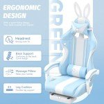 Ferghana Kawaii Light Blue Gaming Chair with Bunny Ears, Ergonomic Cute Gamer Chair with Footrest and Massage, Racing Reclining Home Computer Game Chair for Girls Adults Teens Kids