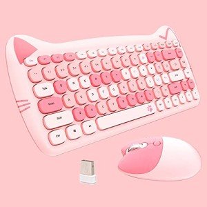 Cute Cat 2.4G USB Wireless Keyboard and Mouse Combo, Silent Keys, Candy Colors, Compatible with Notebook, PC (Pink-84Keys)