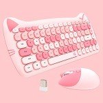 Cute Cat 2.4G USB Wireless Keyboard and Mouse Combo, Silent Keys, Candy Colors, Compatible with Notebook, PC (Pink-84Keys)