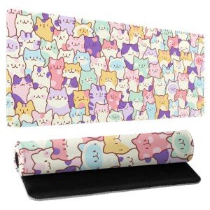 Kawaii Large Mouse Pad 31.5x11.8 Inches XL Extended Gaming Mousepad Funny Cute Cat Desk Mat, Long Computer Keyboard Mouse Mat Non-Slip Base Desk Pad Stitched Edges for Home Game Office Work