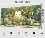 Cute Kawaii White Cat Anime Green Plant Leaves Desk Mat Large Mouse Pad Gaming Desk Pad, XL Extended Mousepad Desk Accessories for Women Office Decor Long Laptop Keyboard Mouse Mat 31.5x11.8 in