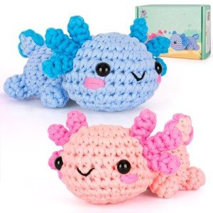 Crochet Kit for Beginner, Crochet Starter Kit w Step-by-Step Video Tutorials, Crochet Kit for Beginners, Beginner Crochet Kits for Adult Kid Women Men Complete Kit Included (Axolotl 2Pack)