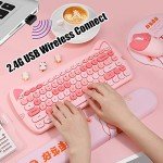 Cute Cat 2.4G USB Wireless Keyboard and Mouse Combo, Silent Keys, Candy Colors, Compatible with Notebook, PC (Pink-84Keys)