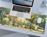 Cute Kawaii White Cat Anime Green Plant Leaves Desk Mat Large Mouse Pad Gaming Desk Pad, XL Extended Mousepad Desk Accessories for Women Office Decor Long Laptop Keyboard Mouse Mat 31.5x11.8 in