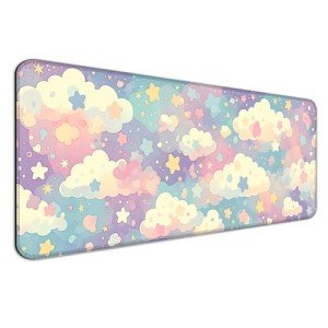 AYKDTFN Cute Colorful Cloud and Star Desk Mat, Watercolor Pink Extended Large Gaming Mouse Pad, Computer Keyboard Laptop Girl Kawaii Mousepad for Work, Game, Office and Home, XL