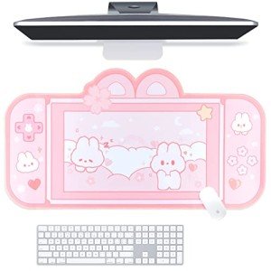 BelugaDesign Bunny Desk Pad | NS Switch Keyboard Gaming Mat Large Mat Mousepad | Pastel Pink Easter Animal Kawaii Cute Anime Desk Blotter Protector (Pink Rabbit, Large)