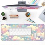AYKDTFN Cute Colorful Cloud and Star Desk Mat, Watercolor Pink Extended Large Gaming Mouse Pad, Computer Keyboard Laptop Girl Kawaii Mousepad for Work, Game, Office and Home, XL