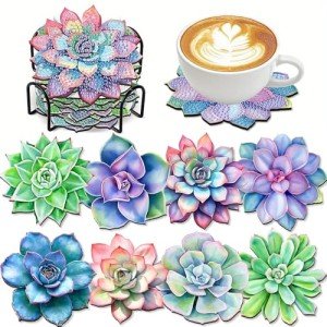 8 Pcs Succulent Diamond Art Coasters Kit - DIY 5D Small Diamond Painting Coasters with Holder, Mini Diamond Art Kits for Adults Coasters, Gem Art Arts and Crafts for Adults