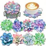 8 Pcs Succulent Diamond Art Coasters Kit - DIY 5D Small Diamond Painting Coasters with Holder, Mini Diamond Art Kits for Adults Coasters, Gem Art Arts and Crafts for Adults