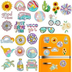 ZYNERY 24 Pcs Summer Magnets, Refrigerator Magnets Sunflower Beach Art, Mini Diamond Painting Kits, Decorative Magnets 5D Diamond Painting for Adults Home Decor DIY Crafts Gift