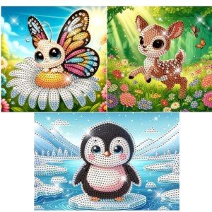 Modern Merch Small Diamond Art Packs Butterfly Deer & Penguin, Animal Diamond Dots for Adults, Jewel Art Painting Kits, Mini Gem Arts and Crafts for Adults, Round Drill 3 Pack Partial Drill