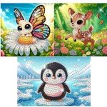Modern Merch Small Diamond Art Packs Butterfly Deer & Penguin, Animal Diamond Dots for Adults, Jewel Art Painting Kits, Mini Gem Arts and Crafts for Adults, Round Drill 3 Pack Partial Drill
