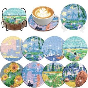 Muzagroo Art Diamond Painting Coasters Kits with Holder Monet Diamond Art Kits for Beginners Stress-reducing Handicrafts Paint by Diamond 8 PCS Coaster Art (Monet)