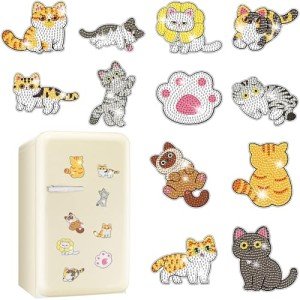 Vcekract 12 PCS Diamond Art Refrigerator Magnets, Cat Diamond Art Kits for Adults, Diamond Painting Kits for Home Decor, Small Diamond Art Crafts