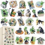 INCOK Refrigerator Diamond Art Magnets - 24PCS Black Cat Diamond Painting Fridge Sticker Set with Plant Crystal Painting Refrigerator Magnet for Beginner Adult Craft DIY Home Decor Good Luck Gift
