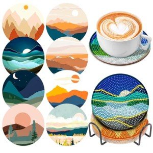 8 Pcs Diamond Art Painting Coasters Diamond Art Coasters with Holder, Abstract Landscape Diamond Art Painting Kits for Adults, Kids & Beginners, DIY Diamond Art Kits Craft Supplies Coasters for Drinks